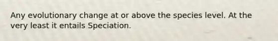 Any evolutionary change at or above the species level. At the very least it entails Speciation.