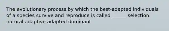 The evolutionary process by which the best-adapted individuals of a species survive and reproduce is called ______ selection. natural adaptive adapted dominant