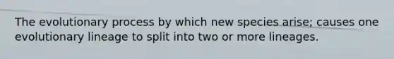 The evolutionary process by which new species arise; causes one evolutionary lineage to split into two or more lineages.