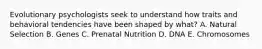 Evolutionary psychologists seek to understand how traits and behavioral tendencies have been shaped by what? A. Natural Selection B. Genes C. Prenatal Nutrition D. DNA E. Chromosomes