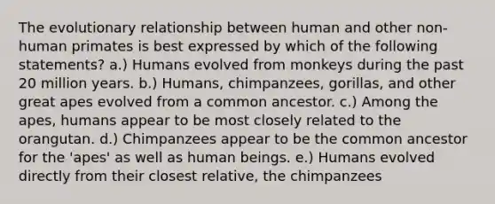 The evolutionary relationship between human and other non-human primates is best expressed by which of the following statements? a.) Humans evolved from monkeys during the past 20 million years. b.) Humans, chimpanzees, gorillas, and other great apes evolved from a common ancestor. c.) Among the apes, humans appear to be most closely related to the orangutan. d.) Chimpanzees appear to be the common ancestor for the 'apes' as well as human beings. e.) Humans evolved directly from their closest relative, the chimpanzees