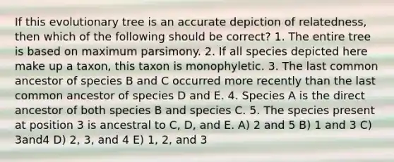 If this evolutionary tree is an accurate depiction of relatedness, then which of the following should be correct? 1. The entire tree is based on maximum parsimony. 2. If all species depicted here make up a taxon, this taxon is monophyletic. 3. The last common ancestor of species B and C occurred more recently than the last common ancestor of species D and E. 4. Species A is the direct ancestor of both species B and species C. 5. The species present at position 3 is ancestral to C, D, and E. A) 2 and 5 B) 1 and 3 C) 3and4 D) 2, 3, and 4 E) 1, 2, and 3