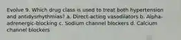 Evolve 9. Which drug class is used to treat both hypertension and antidysrhythmias? a. Direct-acting vasodilators b. Alpha-adrenergic-blocking c. Sodium channel blockers d. Calcium channel blockers