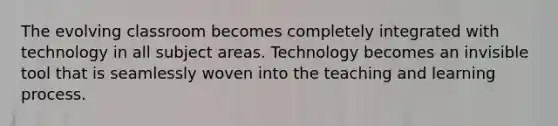 The evolving classroom becomes completely integrated with technology in all subject areas. Technology becomes an invisible tool that is seamlessly woven into the teaching and learning process.