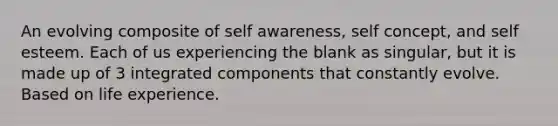 An evolving composite of self awareness, self concept, and self esteem. Each of us experiencing the blank as singular, but it is made up of 3 integrated components that constantly evolve. Based on life experience.