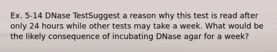 Ex. 5-14 DNase TestSuggest a reason why this test is read after only 24 hours while other tests may take a week. What would be the likely consequence of incubating DNase agar for a week?