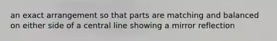 an exact arrangement so that parts are matching and balanced on either side of a central line showing a mirror reflection