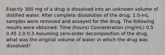 Exactly 300 mg of a drug is dissolved into an unknown volume of distilled water. After complete dissolution of the drug, 1.0-mL samples were removed and assayed for the drug. The following results were obtained: Time (hours) Concentration (mg/mL) 0.5 0.45 2.0 0.3 Assuming zero-order decomposition of the drug, what was the original volume of water in which the drug was dissolved?