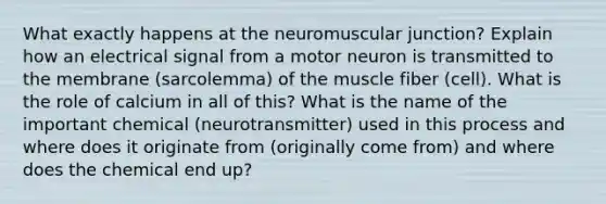 What exactly happens at the neuromuscular junction? Explain how an electrical signal from a motor neuron is transmitted to the membrane (sarcolemma) of the muscle fiber (cell). What is the role of calcium in all of this? What is the name of the important chemical (neurotransmitter) used in this process and where does it originate from (originally come from) and where does the chemical end up?