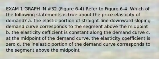 EXAM 1 GRAPH IN #32 (Figure 6-4) Refer to Figure 6-4. Which of the following statements is true about the price elasticity of demand? a. the elastic portion of straight-line downward sloping demand curve corresponds to the segment above the midpoint b. the elasticity cefficient is constant along the demand curve c. at the midpoint of the demand curve, the elasticity coefficient is zero d. the inelastic portion of the demand curve corresponds to the segment above the midpoint