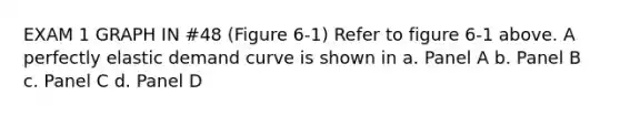 EXAM 1 GRAPH IN #48 (Figure 6-1) Refer to figure 6-1 above. A perfectly elastic demand curve is shown in a. Panel A b. Panel B c. Panel C d. Panel D