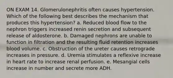 ON EXAM 14. Glomerulonephritis often causes hypertension. Which of the following best describes the mechanism that produces this hypertension? a. Reduced blood flow to the nephron triggers increased renin secretion and subsequent release of aldosterone. b. Damaged nephrons are unable to function in filtration and the resulting fluid retention increases blood volume. c. Obstruction of the ureter causes retrograde increases in pressure. d. Uremia stimulates a reflexive increase in heart rate to increase renal perfusion. e. Mesangial cells increase in number and secrete more ADH.