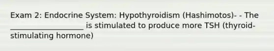 Exam 2: Endocrine System: Hypothyroidism (Hashimotos)- - The ___________________ is stimulated to produce more TSH (thyroid-stimulating hormone)