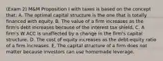 (Exam 2) M&M Proposition I with taxes is based on the concept that: A. The optimal capital structure is the one that is totally financed with equity. B. The value of a firm increases as the firm's debt increases because of the interest tax shield. C. A firm's W ACC is unaffected by a change in the firm's capital structure. D. The cost of equity increases as the debt-equity ratio of a firm increases. E. The capital structure of a firm does not matter because investors can use homemade leverage.