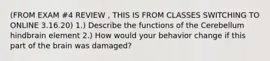 (FROM EXAM #4 REVIEW , THIS IS FROM CLASSES SWITCHING TO ONLINE 3.16.20) 1.) Describe the functions of the Cerebellum hindbrain element 2.) How would your behavior change if this part of the brain was damaged?