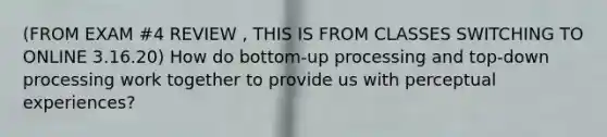 (FROM EXAM #4 REVIEW , THIS IS FROM CLASSES SWITCHING TO ONLINE 3.16.20) How do bottom-up processing and top-down processing work together to provide us with perceptual experiences?