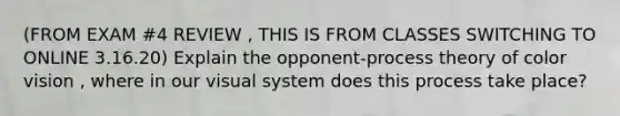 (FROM EXAM #4 REVIEW , THIS IS FROM CLASSES SWITCHING TO ONLINE 3.16.20) Explain the opponent-process theory of color vision , where in our visual system does this process take place?