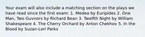 Your exam will also include a matching section on the plays we have read since the first exam: 1. Medea by Euripides 2. One Man, Two Guvnors by Richard Bean 3. Twelfth Night by William Shakespeare 4. The Cherry Orchard by Anton Chekhov 5. In the Blood by Suzan-Lori Parks