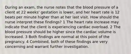 During an exam, the nurse notes that the blood pressure of a client at 22 weeks' gestation is lower, and her heart rate is 12 beats per minute higher than at her last visit. How should the nurse interpret these findings? 1 The heart rate increase may indicate that the client is experiencing cardiac overload. 2 The blood pressure should be higher since the cardiac volume is increased. 3 Both findings are normal at this point of the pregnancy. 4 Combined, both of these findings are very concerning and warrant further investigation.