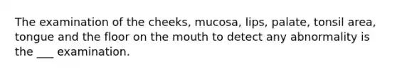 The examination of the cheeks, mucosa, lips, palate, tonsil area, tongue and the floor on the mouth to detect any abnormality is the ___ examination.