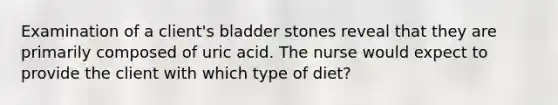 Examination of a client's bladder stones reveal that they are primarily composed of uric acid. The nurse would expect to provide the client with which type of diet?