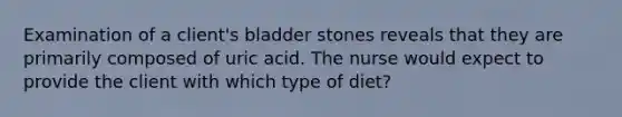 Examination of a client's bladder stones reveals that they are primarily composed of uric acid. The nurse would expect to provide the client with which type of diet?