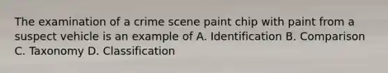 The examination of a crime scene paint chip with paint from a suspect vehicle is an example of A. Identification B. Comparison C. Taxonomy D. Classification