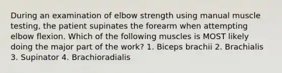 During an examination of elbow strength using manual muscle testing, the patient supinates the forearm when attempting elbow flexion. Which of the following muscles is MOST likely doing the major part of the work? 1. Biceps brachii 2. Brachialis 3. Supinator 4. Brachioradialis