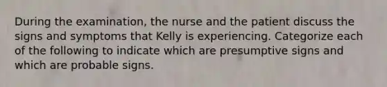 During the examination, the nurse and the patient discuss the signs and symptoms that Kelly is experiencing. Categorize each of the following to indicate which are presumptive signs and which are probable signs.