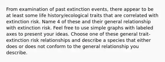 From examination of past extinction events, there appear to be at least some life history/ecological traits that are correlated with extinction risk. Name 4 of these and their general relationship with extinction risk. Feel free to use simple graphs with labeled axes to present your ideas. Choose one of these general trait-extinction risk relationships and describe a species that either does or does not conform to the general relationship you describe.