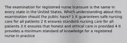 The examination for registered nurse licensure is the same in every state in the United States. Which understanding about this examination should the public have? 1 It guarantees safe nursing care for all patients 2 It ensures standard nursing care for all patients 3 It ensures that honest and ethical care is provided 4 It provides a minimum standard of knowledge for a registered nurse in practice