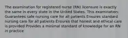 The examination for registered nurse (RN) licensure is exactly the same in every state in the United States. This examination: Guarantees safe nursing care for all patients Ensures standard nursing care for all patients Ensures that honest and ethical care is provided Provides a minimal standard of knowledge for an RN in practice