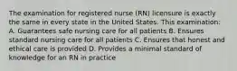 The examination for registered nurse (RN) licensure is exactly the same in every state in the United States. This examination: A. Guarantees safe nursing care for all patients B. Ensures standard nursing care for all patients C. Ensures that honest and ethical care is provided D. Provides a minimal standard of knowledge for an RN in practice