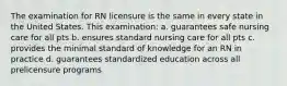 The examination for RN licensure is the same in every state in the United States. This examination: a. guarantees safe nursing care for all pts b. ensures standard nursing care for all pts c. provides the minimal standard of knowledge for an RN in practice d. guarantees standardized education across all prelicensure programs