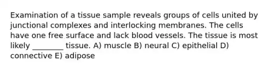 Examination of a tissue sample reveals groups of cells united by junctional complexes and interlocking membranes. The cells have one free surface and lack blood vessels. The tissue is most likely ________ tissue. A) muscle B) neural C) epithelial D) connective E) adipose