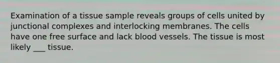 Examination of a tissue sample reveals groups of cells united by junctional complexes and interlocking membranes. The cells have one free surface and lack <a href='https://www.questionai.com/knowledge/kZJ3mNKN7P-blood-vessels' class='anchor-knowledge'>blood vessels</a>. The tissue is most likely ___ tissue.