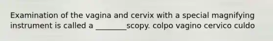 Examination of the vagina and cervix with a special magnifying instrument is called a ________scopy. colpo vagino cervico culdo