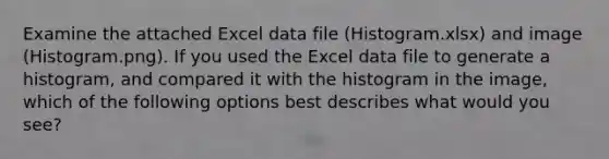 Examine the attached Excel data file (Histogram.xlsx) and image (Histogram.png). If you used the Excel data file to generate a histogram, and compared it with the histogram in the image, which of the following options best describes what would you see?