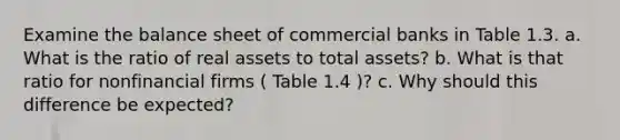 Examine the balance sheet of commercial banks in Table 1.3. a. What is the ratio of real assets to total assets? b. What is that ratio for nonfinancial firms ( Table 1.4 )? c. Why should this difference be expected?