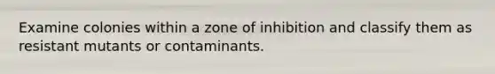 Examine colonies within a zone of inhibition and classify them as resistant mutants or contaminants.