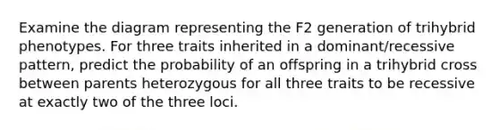 Examine the diagram representing the F2 generation of trihybrid phenotypes. For three traits inherited in a dominant/recessive pattern, predict the probability of an offspring in a trihybrid cross between parents heterozygous for all three traits to be recessive at exactly two of the three loci.