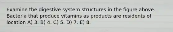 Examine the digestive system structures in the figure above. Bacteria that produce vitamins as products are residents of location A) 3. B) 4. C) 5. D) 7. E) 8.