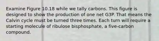 Examine Figure 10.18 while we tally carbons. This figure is designed to show the production of one net G3P. That means the Calvin cycle must be turned three times. Each turn will require a starting molecule of ribulose bisphosphate, a five-carbon compound.