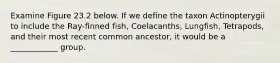 Examine Figure 23.2 below. If we define the taxon Actinopterygii to include the Ray-finned fish, Coelacanths, Lungfish, Tetrapods, and their most recent common ancestor, it would be a ____________ group.