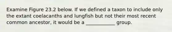 Examine Figure 23.2 below. If we defined a taxon to include only the extant coelacanths and lungfish but not their most recent common ancestor, it would be a ____________ group.