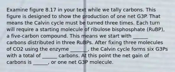 Examine figure 8.17 in your text while we tally carbons. This figure is designed to show the production of one net G3P. That means the Calvin cycle must be turned three times. Each turn will require a starting molecule of ribulose bisphosphate (RuBP), a five-carbon compound. This means we start with ______ carbons distributed in three RuBPs. After fixing three molecules of CO2 using the enzyme _______, the Calvin cycle forms six G3Ps with a total of ______ carbons. At this point the net gain of carbons is ______, or one net G3P molecule.