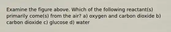 Examine the figure above. Which of the following reactant(s) primarily come(s) from the air? a) oxygen and carbon dioxide b) carbon dioxide c) glucose d) water