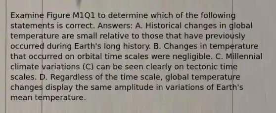 Examine Figure M1Q1 to determine which of the following statements is correct. Answers: A. Historical changes in global temperature are small relative to those that have previously occurred during Earth's long history. B. Changes in temperature that occurred on orbital time scales were negligible. C. Millennial climate variations (C) can be seen clearly on tectonic time scales. D. Regardless of the time scale, global temperature changes display the same amplitude in variations of Earth's mean temperature.