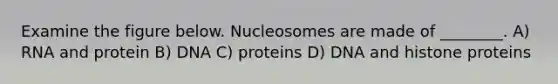 Examine the figure below. Nucleosomes are made of ________. A) RNA and protein B) DNA C) proteins D) DNA and histone proteins