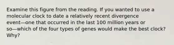 Examine this figure from the reading. If you wanted to use a molecular clock to date a relatively recent divergence event―one that occurred in the last 100 million years or so―which of the four types of genes would make the best clock? Why?